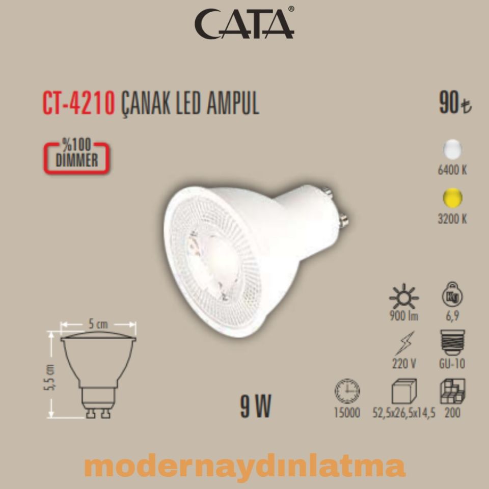 Cata CT-4210 9W Gu10 Duylu Dimmerli Led Ampül Günışığı