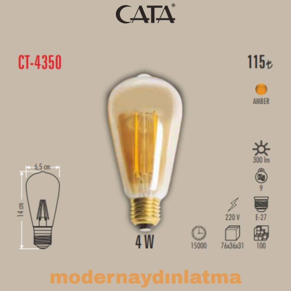 Cata CT-4350 4W E27 Duylu Rustik Led Ampül Amber Işık