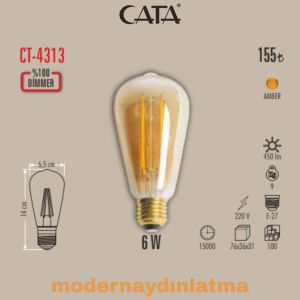 Cata CT-4313 6W E27 Duylu Dimmerli Rustik Led Ampül Amber Işık