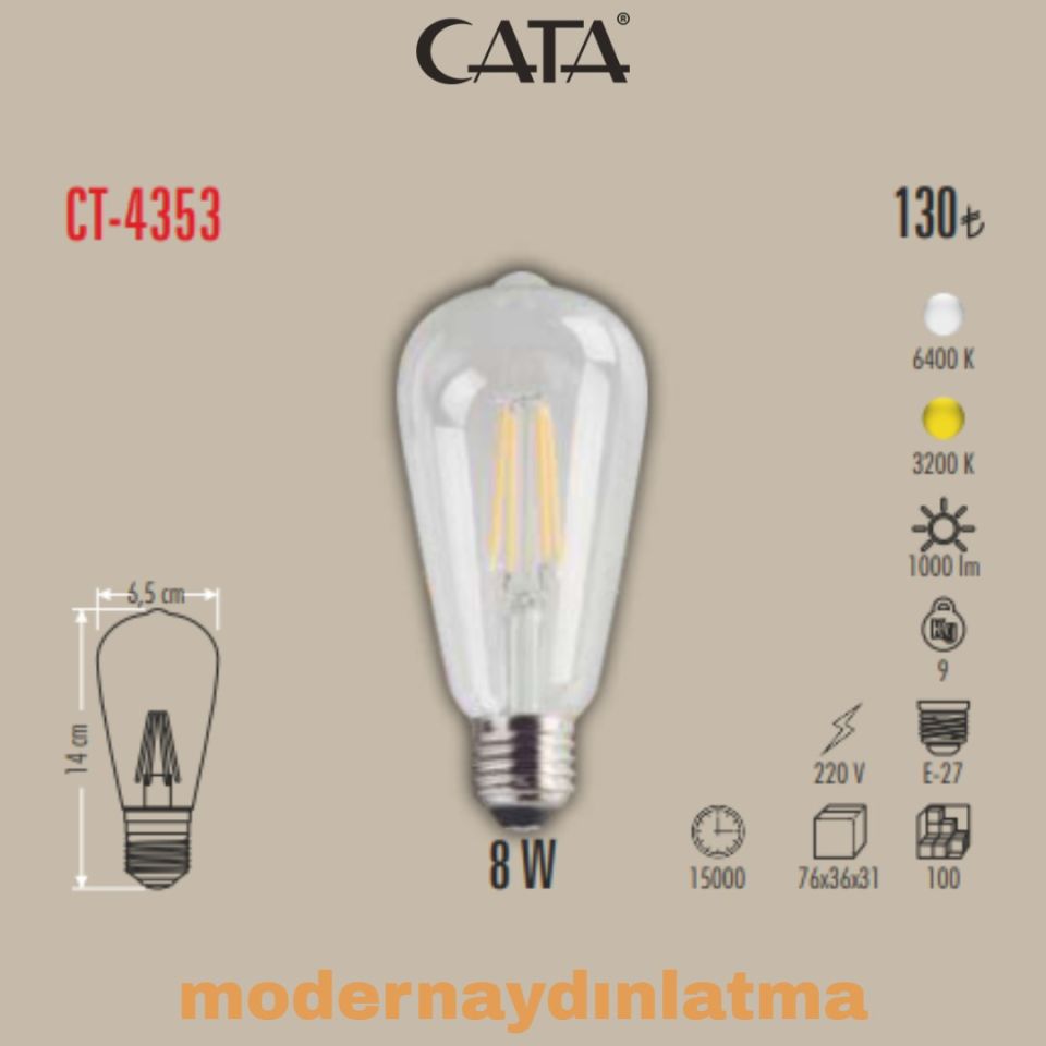 Cata CT-4353 8W E-27 Duylu Rustik Led Ampül Beyaz Işık