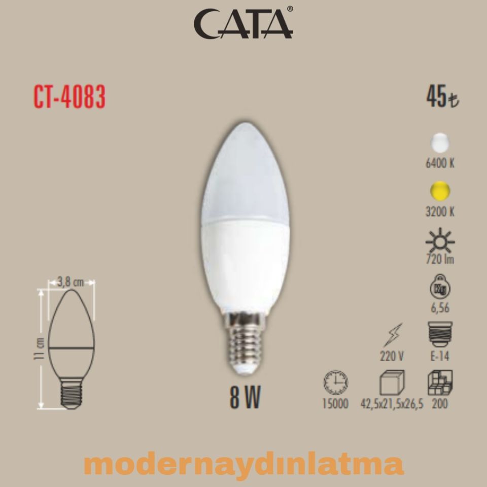 Cata CT-4083 8W E14 Duylu Led Mum Ampül Beyaz Işık