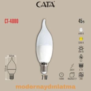 Cata CT-4080 7W E14 Duylu Kıvrık Mum Ampül Günışığı