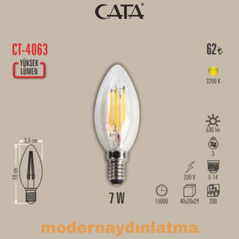 Cata CT-4063 7W E14 Duylu Rustik Led Ampül Günışığı