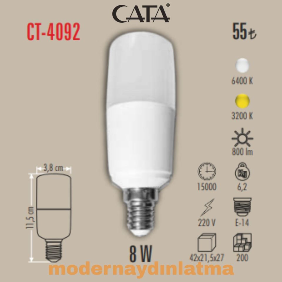 Cata CT-4092 8W E27 Duylu Pil Ampül Günışığı