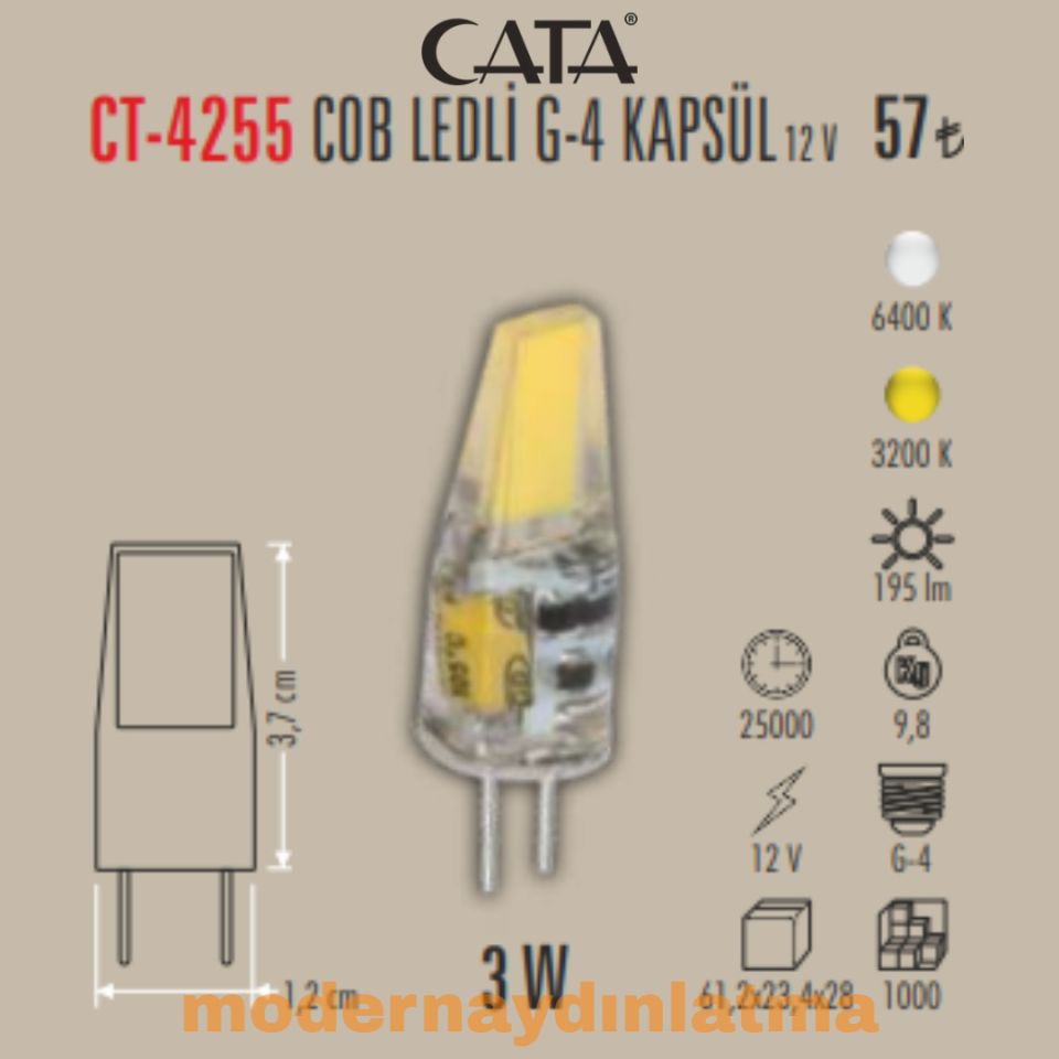 Cata CT-4255 12V 3W Cob Ledli G4 Led Kapsül Ampül Beyaz Işık
