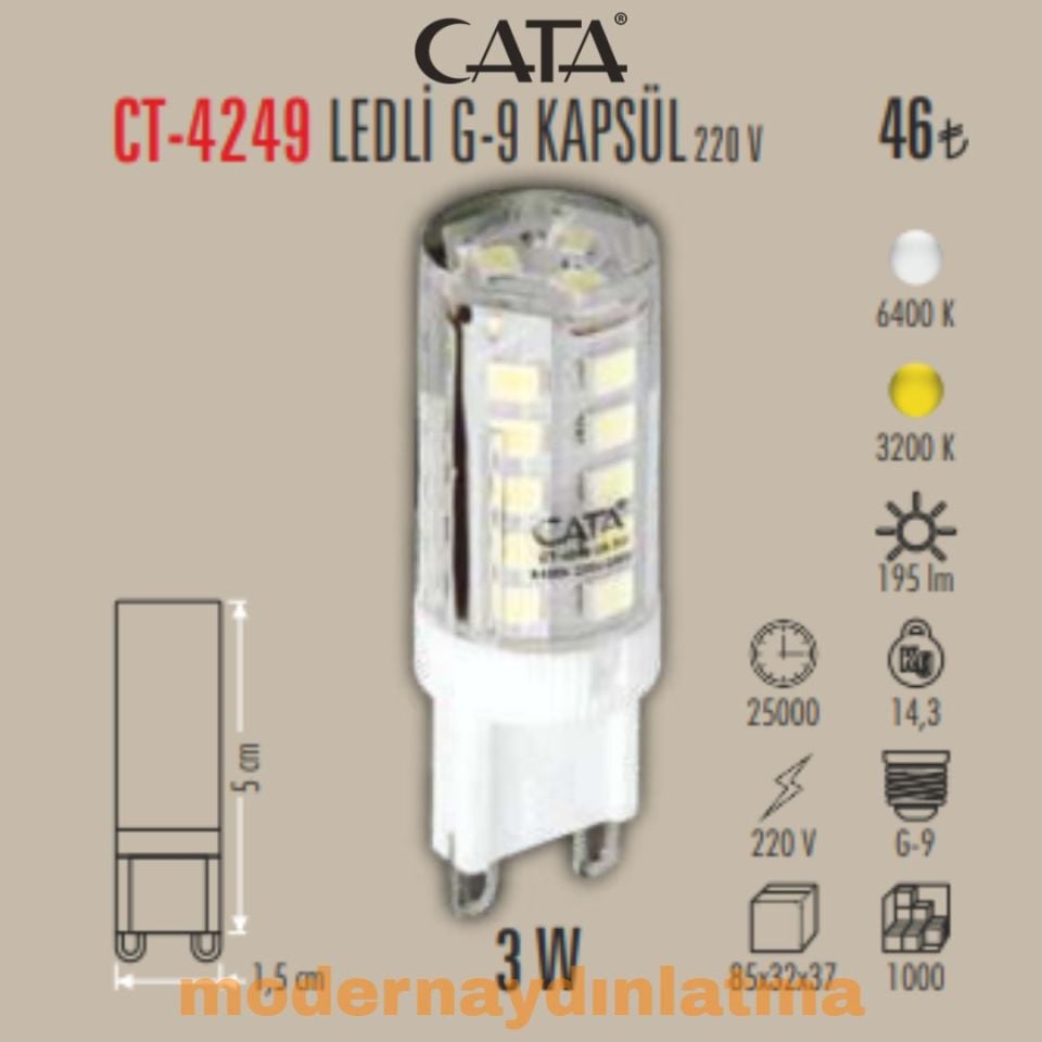 Cata CT-4249 220V 3W Ledli G9 Kapsül Ampül Beyaz Işık