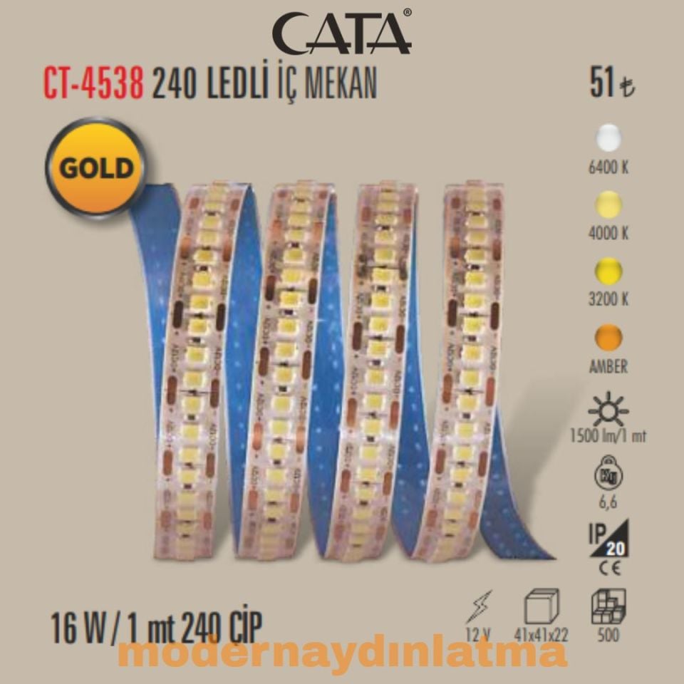 Cata CT-4538 12V 240 Ledli İç Mekan Şerit Led Amber Işık