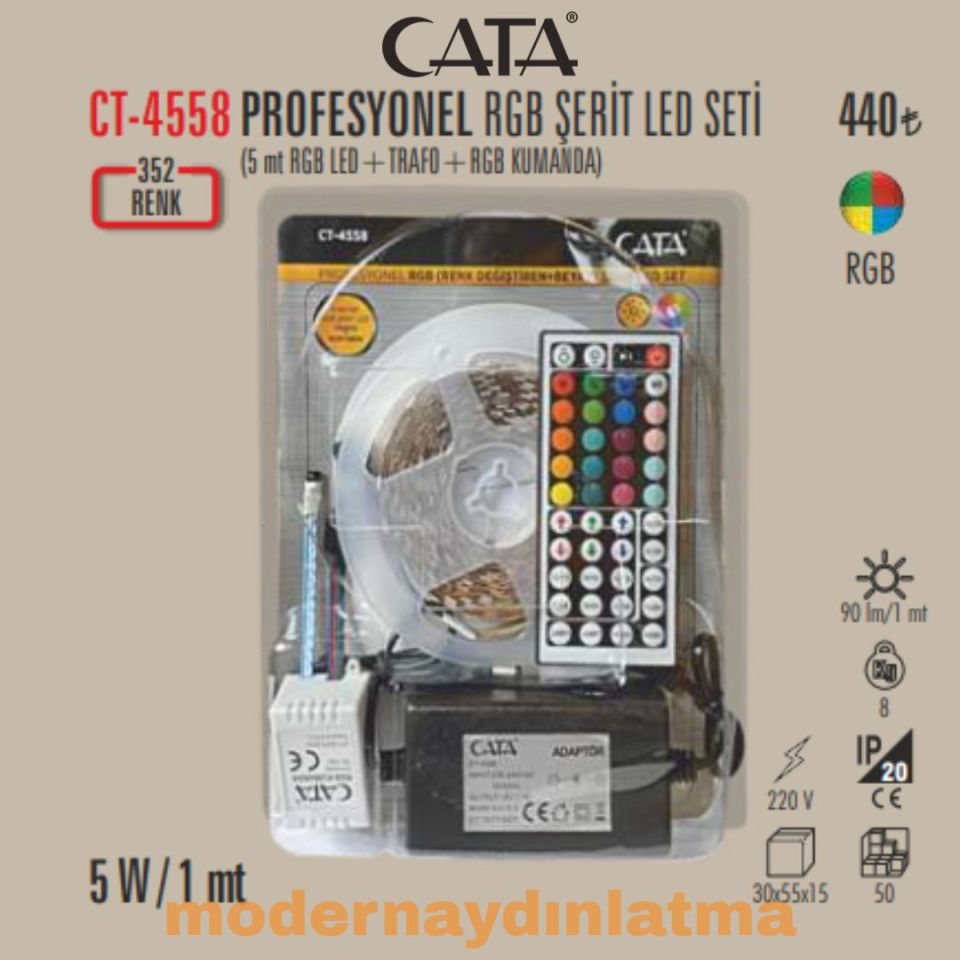Cata CT-4558 Profesyonel Kumandalı Hazır Şerit Led Seti 5 Mt RGB