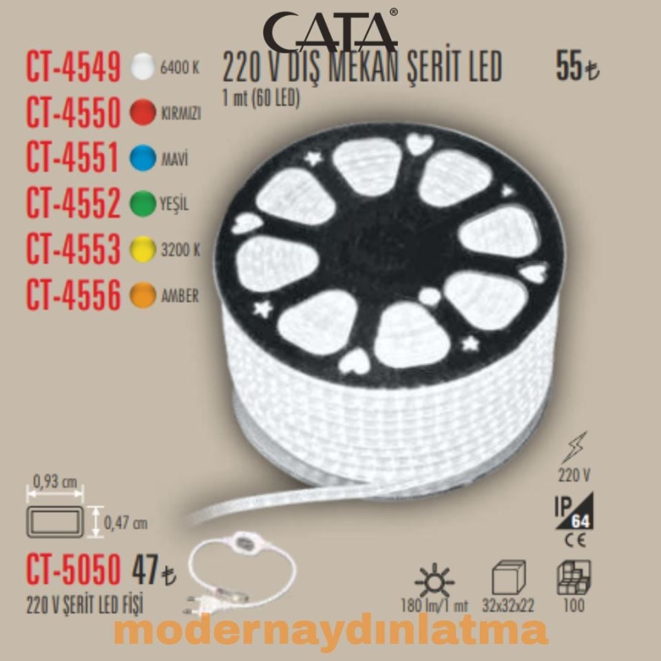 Cata CT-4549 220V Dış Mekan Hortum Şerit Led Beyaz Işık 100 Metre