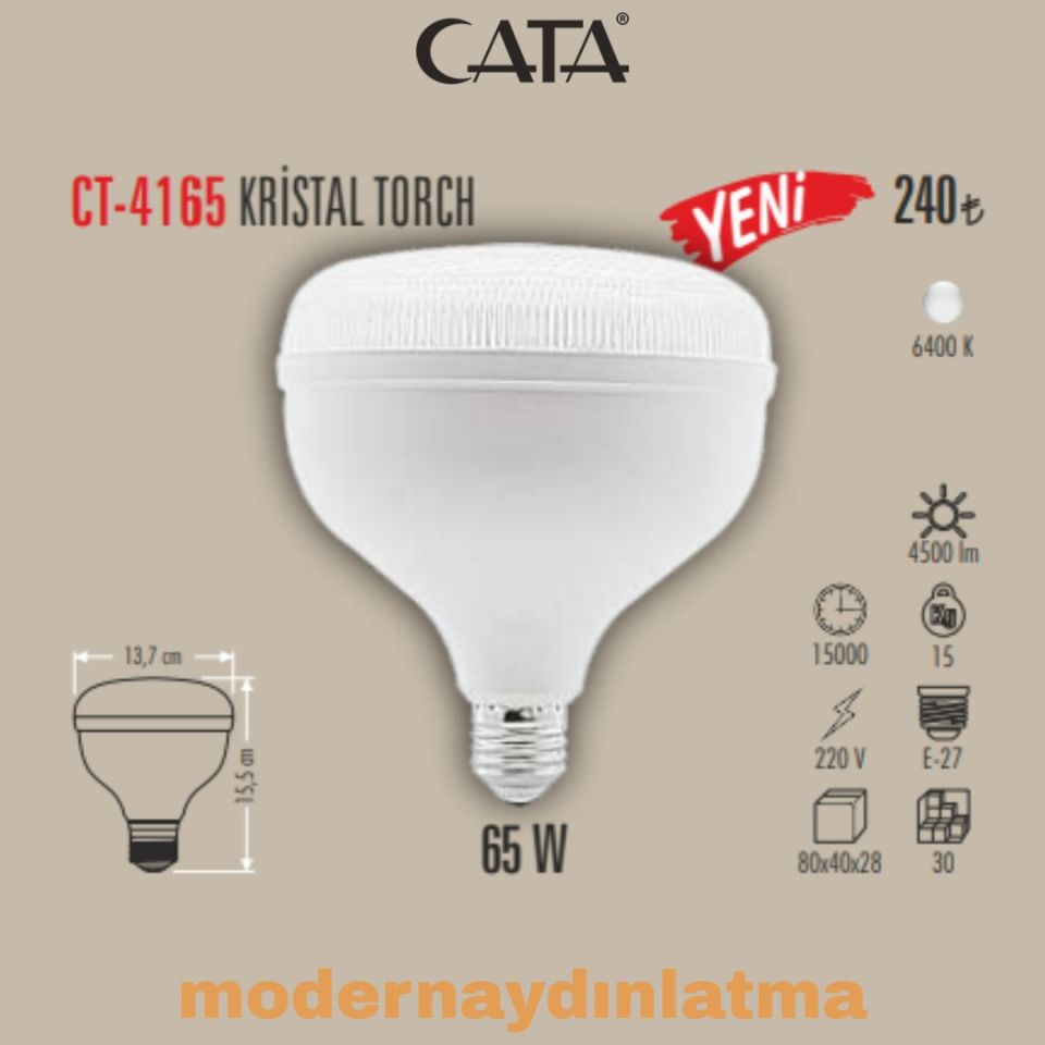 Cata CT-4165 65W E27 Duylu Kristal Torch Led Ampül Beyaz Işık