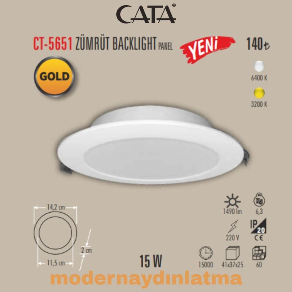 Cata CT-5651 15W Zümrüt Backlight Led Panel Beyaz Işık