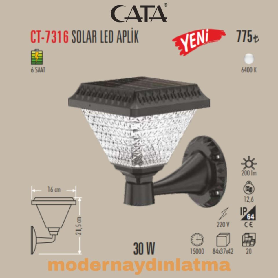 Cata CT-7316 30W Beyaz Işık Güneş Enerjili Solar Led Aplik