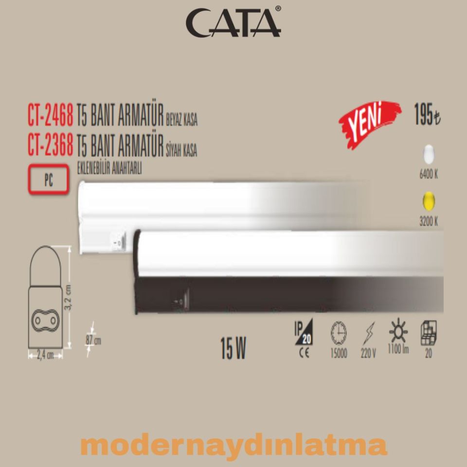 Cata CT-2468 90 Cm Anahtarlı Eklenebilir T5 Led Bant Armatür Günışığı 10 Adet