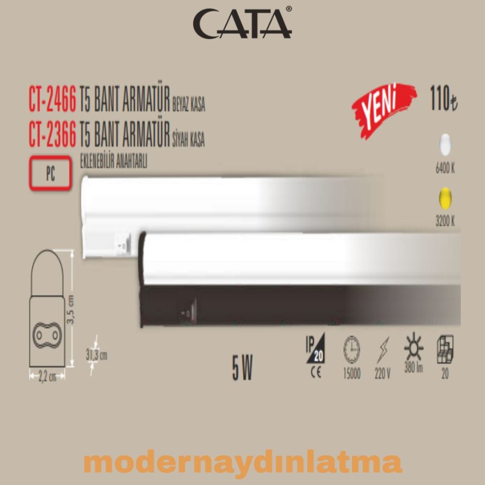 Cata CT-2366 30 Cm Eklenebilir T5 Led Bant Armatür Siyah Kasa Beyaz Işık