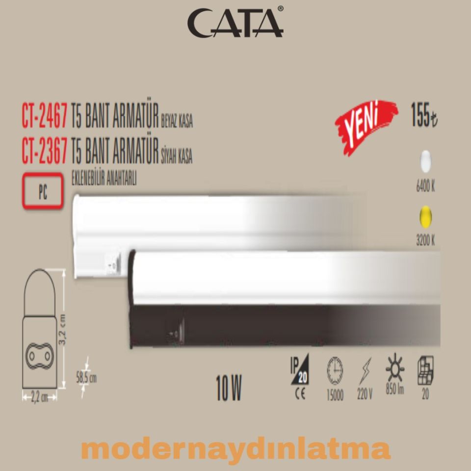 Cata CT-2367 60 Cm Eklenebilir T5 Led Bant Armatür Siyah Kasa Beyaz Işık