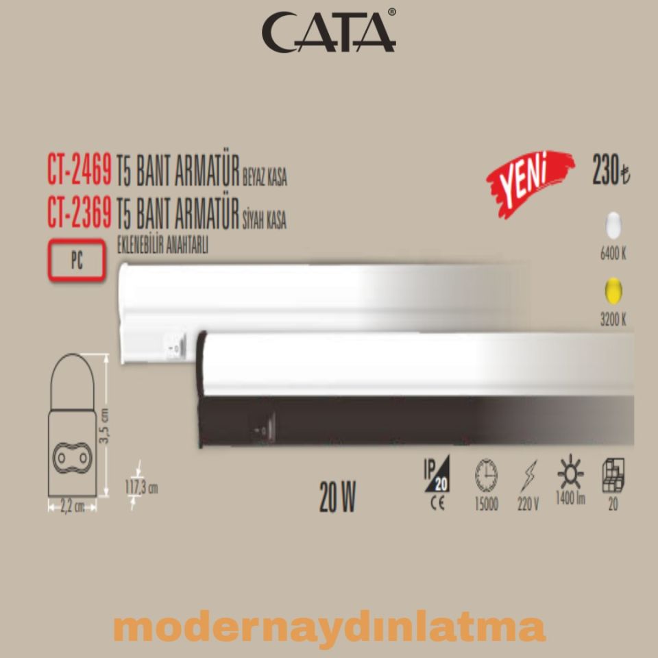 Cata CT-2369 120 Cm Eklenebilir T5 Led Bant Armatür Siyah Kasa Günışığı