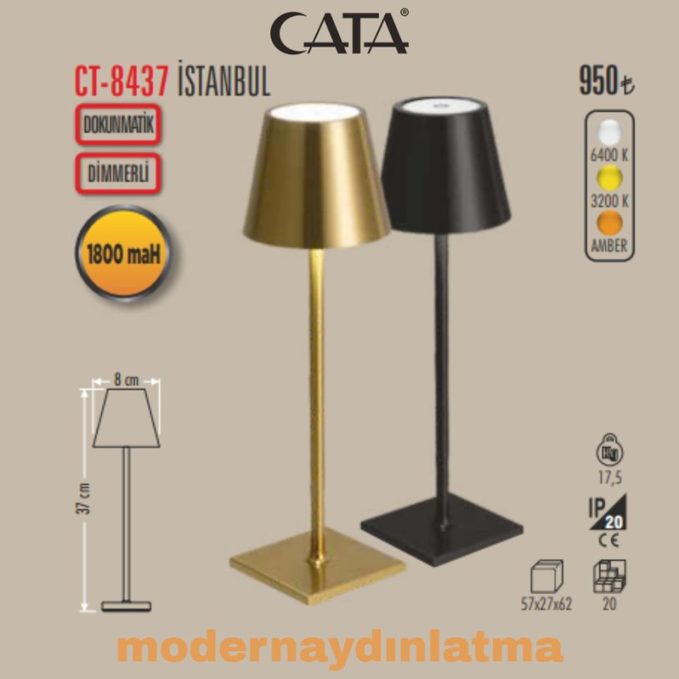 Cata CT-8437 İstanbul 3 Renkli Dimmerli Dokunmatik Şarjlı Masa Lambası Siyah