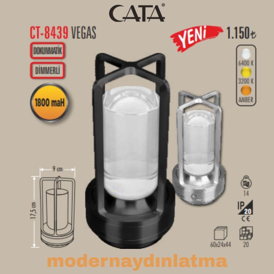 Cata CT-8439 Vegas 3 Renkli Dimmerli Dokunmatik Şarjlı Masa Lambası Siyah
