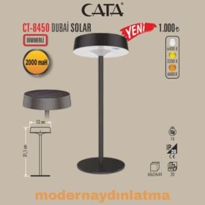 Cata CT-8450 Dubai 3 Renkli Dimmerli Solar Şarjlı Masa Lambası Siyah