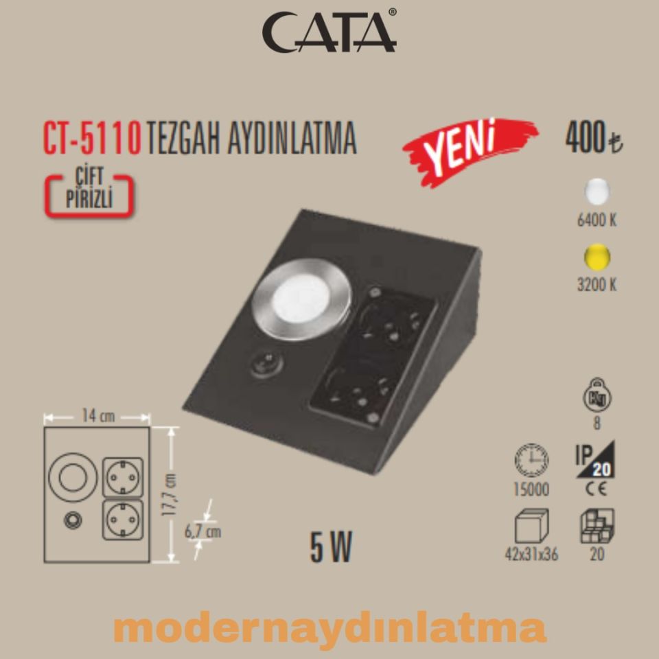 Cata CT-5110 Çift Prizli Tezgah Altı Aydınlatma Siyah Kasa Beyaz Işık