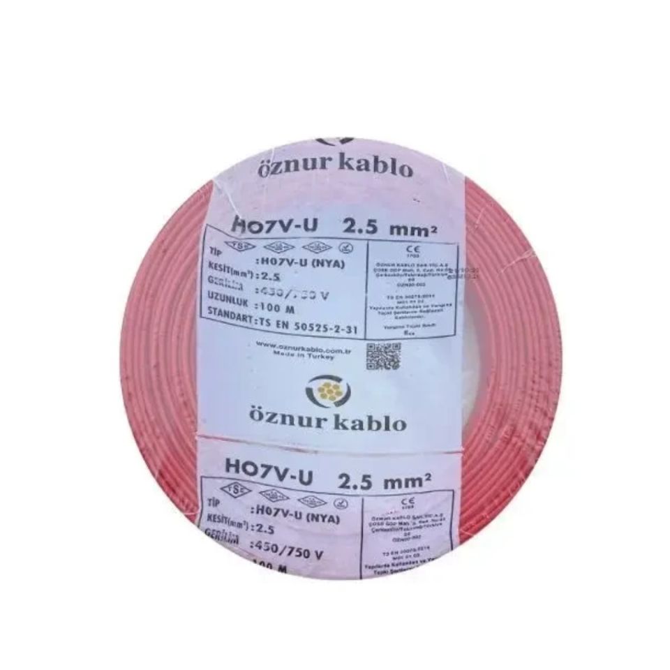 Öznur 2,5 luk Nya Kablo Kırmızı Renk Tam Bakır