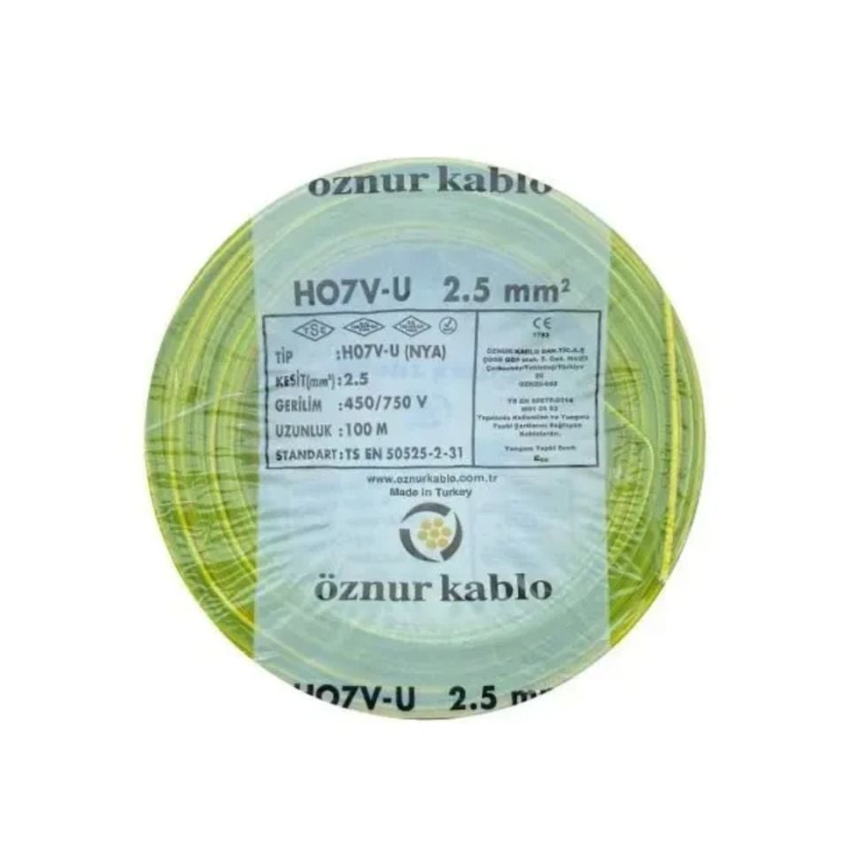 Öznur 2,5 luk Nya Kablo Sarı Yeşil Renk Tam Bakır