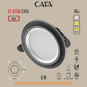 Cata CT-5258 6W 3 Renk Zebra Led Armatür Siyah Kasa