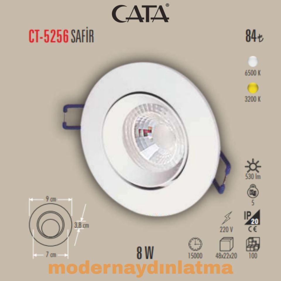 Cata CT-5256 8W Beyaz Kasa Led Spot Beyaz Işık