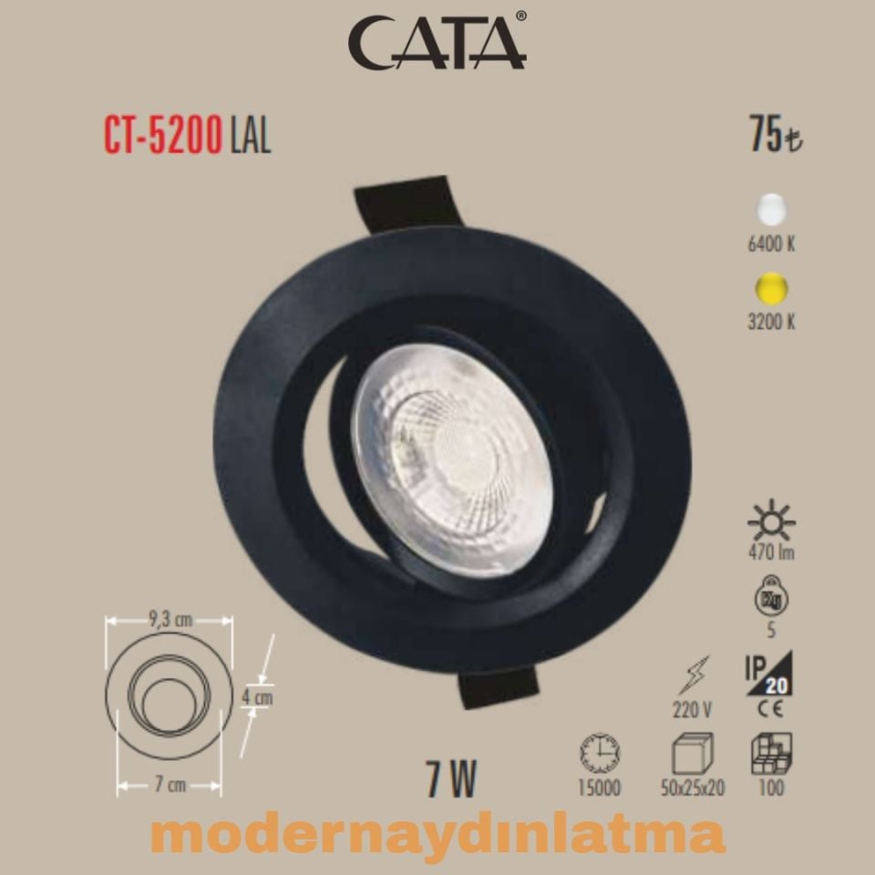 Cata CT-5200 7W Siyah Kasa Led Spot Beyaz Işık