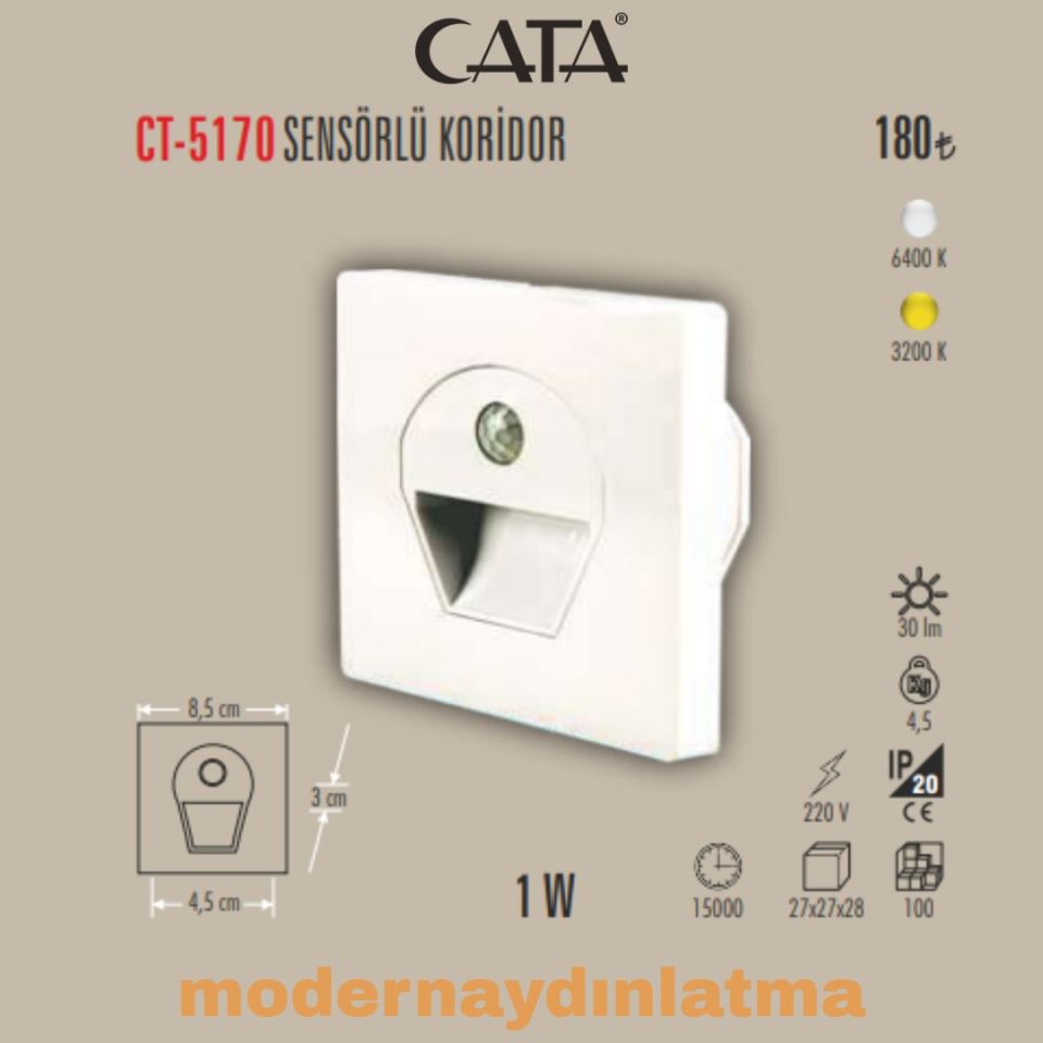 Cata CT-5170 Beyaz Kasa Sensörlü Koridor Spot Beyaz Işık