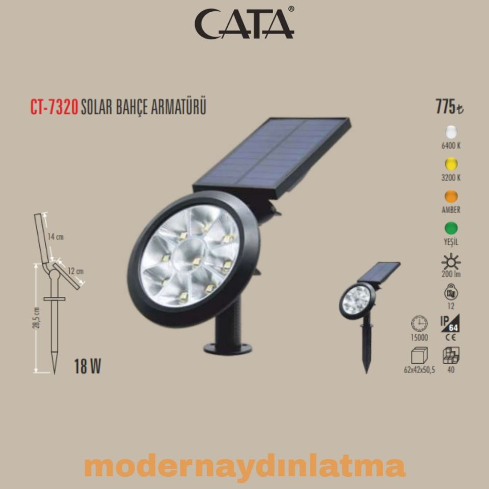 Cata CT-7320 18W Solar Güneş Enerjili Bahçe Armatür Beyaz Işık