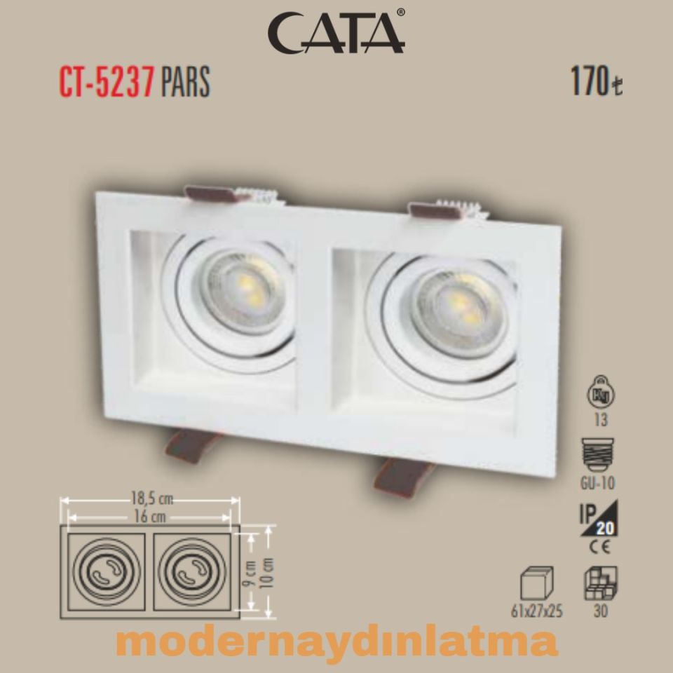 Cata CT-5237 Pars Beyaz İkili Kare Dekoratif Spot