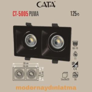 Cata CT-5005 Panter Siyah İkili Kare Dekoratif Spot
