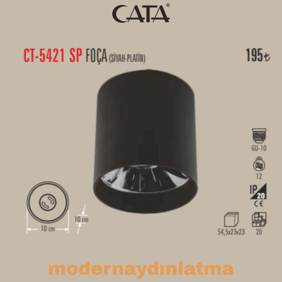 Cata CT-5421 Foça Siyah-Platin  Gu10 Duylu Sıva Üstü Armatür