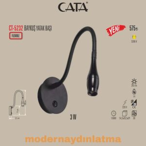 Cata CT-5232 Baykuş Yatak Başı Oynar Led Aplik Siyah Renk