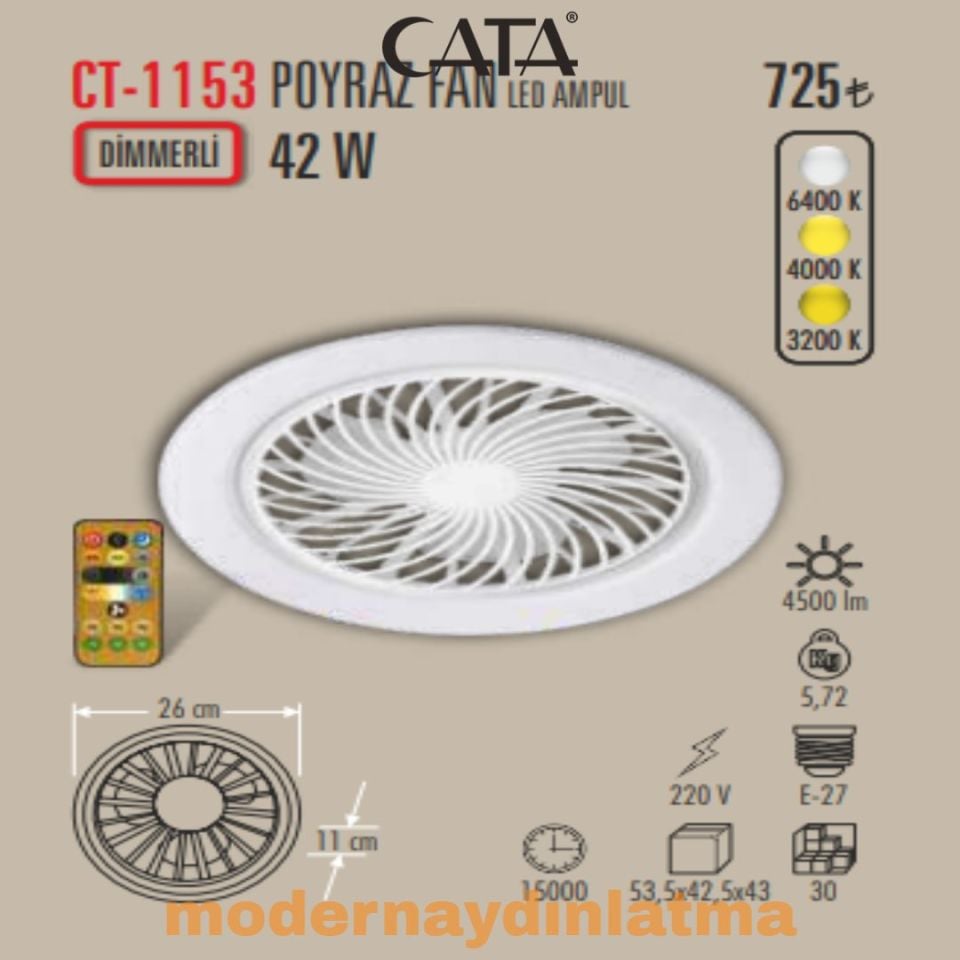 Cata CT-1153 42W Poyraz Fan Led Ampül Kumandalı