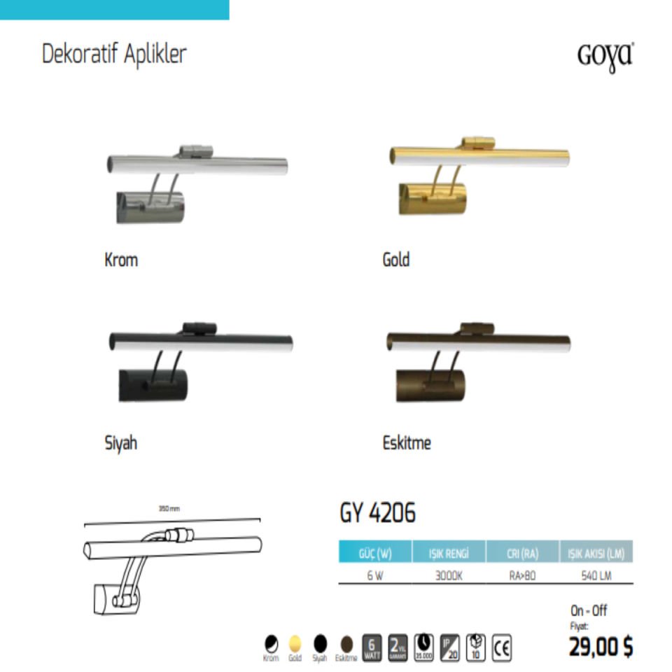 Goya GY 4206 Krom Kasa Günışığı Tablo Aydınlatma Aplik