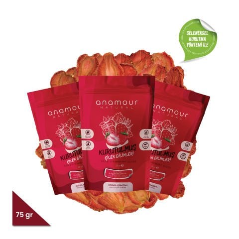 3'lü Anamour Natural Çilek Kurusu - Cips Çilek (Şekersiz) - Kuru Meyve Kıtırı 75 Gram