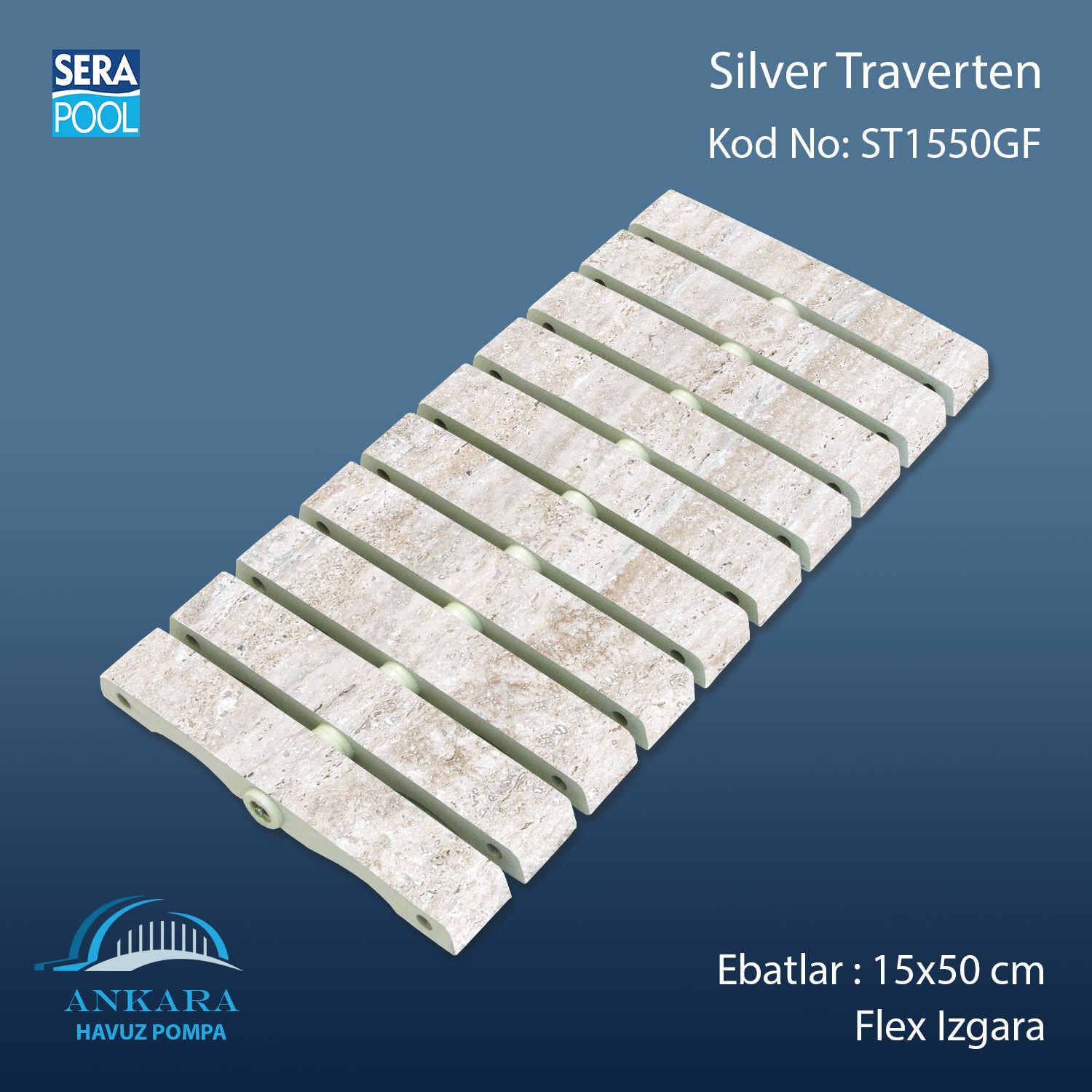 Silver Traverten 15x50 cm Flex Izgara