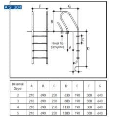 Kombine 304 Model - Kombine 4 Basamaklı Havuz Merdiveni Paslanmaz Çelik 304 Kalite
