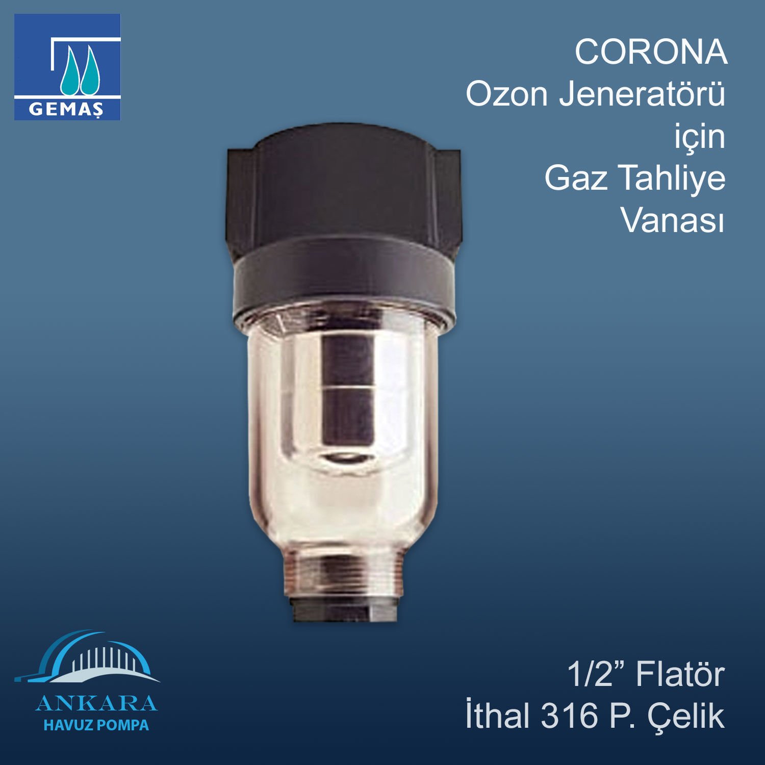 CORONA Ozon Jeneratörü için Gaz Tahliye Vanası, 1/2” İthal 316 P.Çelik Flatör