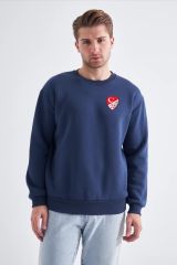 Sweatshirt, Lacivert Basic Kapüşonsuz, İçi Polarlı, Üç İplik TFF