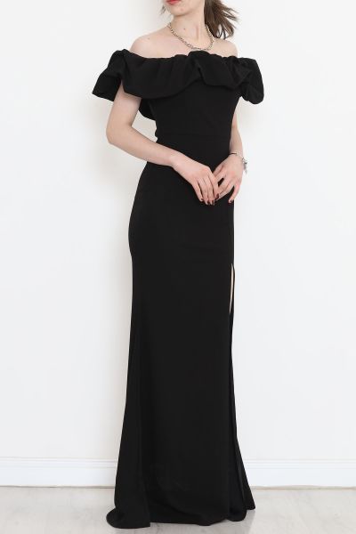 Volanlı Yırtmaçlı Elbise Siyah - 582834.1592.
