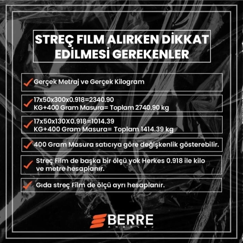 Palet Streç Film 17 Mikron 50 Cm 300 Metre 1 Adet Masura Dahil 2.7 Kg Masura:400 G
