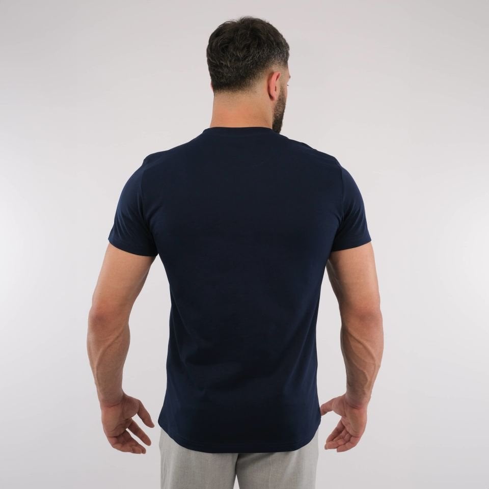 Göğüs Baskı Detaylı Lacivert Erkek Tshirt %100 Organik Pamuk Old Money Tarzı