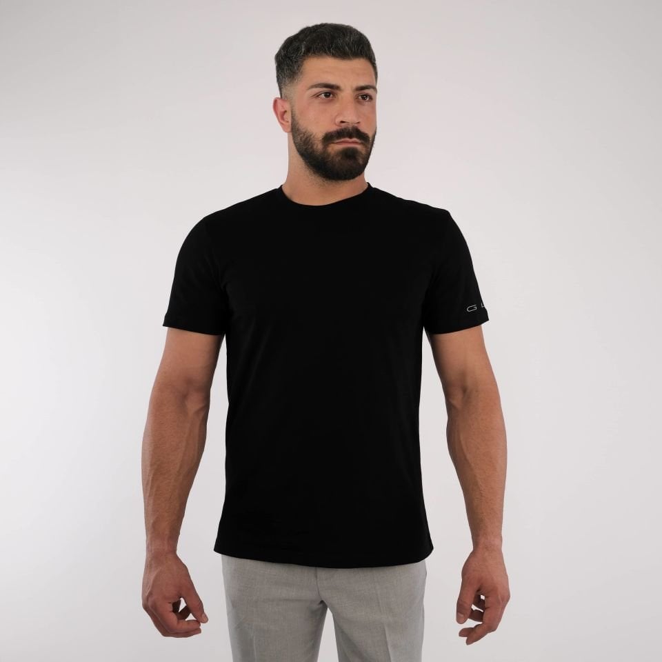 Kol Baskı Detaylı Siyah Erkek Tshirt %100 Organik Pamuk Old Money Tarzı