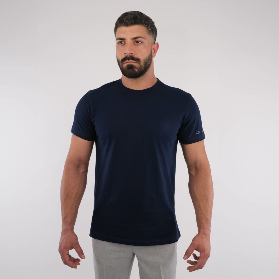 Kol Baskı Detaylı Lacivert Erkek Tshirt %100 Organik Pamuk Old Money Tarzı