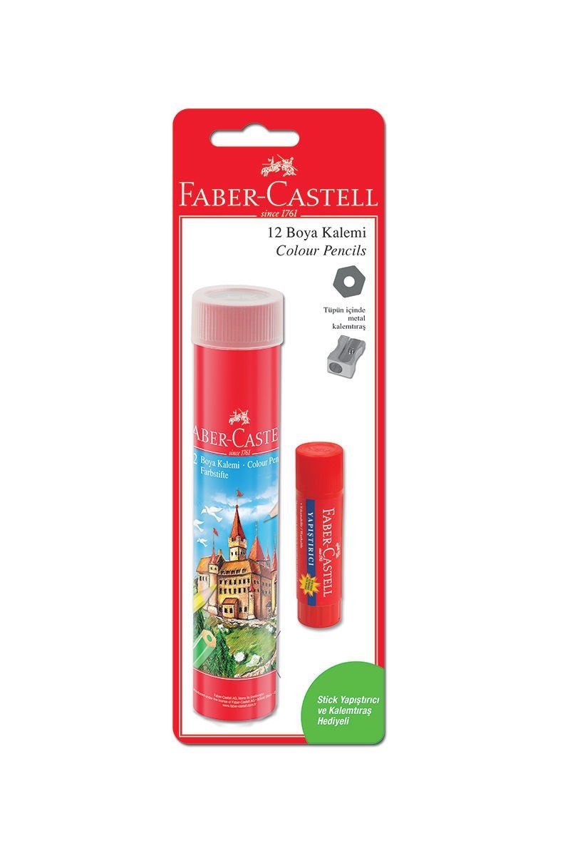 Faber-Castell 12'li Tüp Kuru Boya Kalemi (Stick Yapıştırıcı ve Kalemtraş Hediyeli)