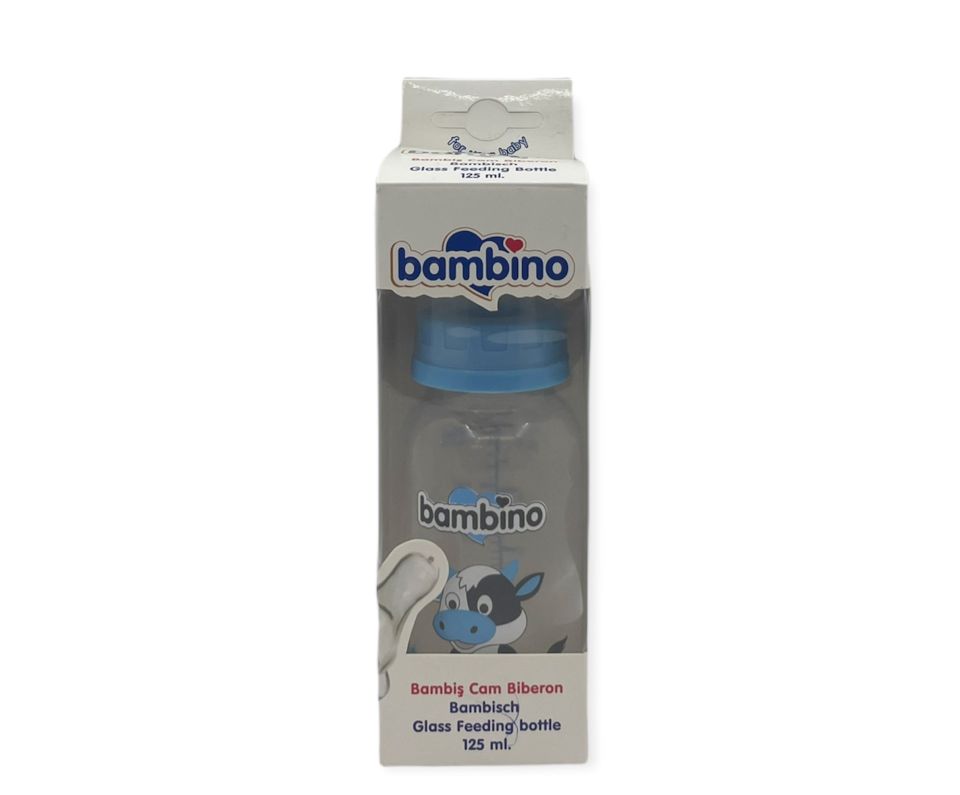 Bambino Desenli Silikon Kiraz Uçlu Cam Biberon 125 ml - Mavi