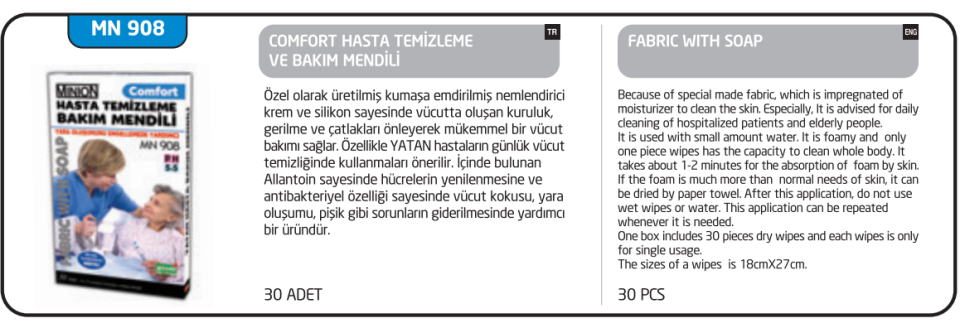 Minion Comfort Köpüklü Hasta Temizleme ve Bakım Mendili 30'lu